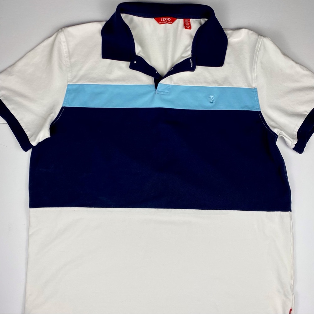 Izod Men's XL Collared Golf Polo Shirt, Short Sleeve, White Blue Navy